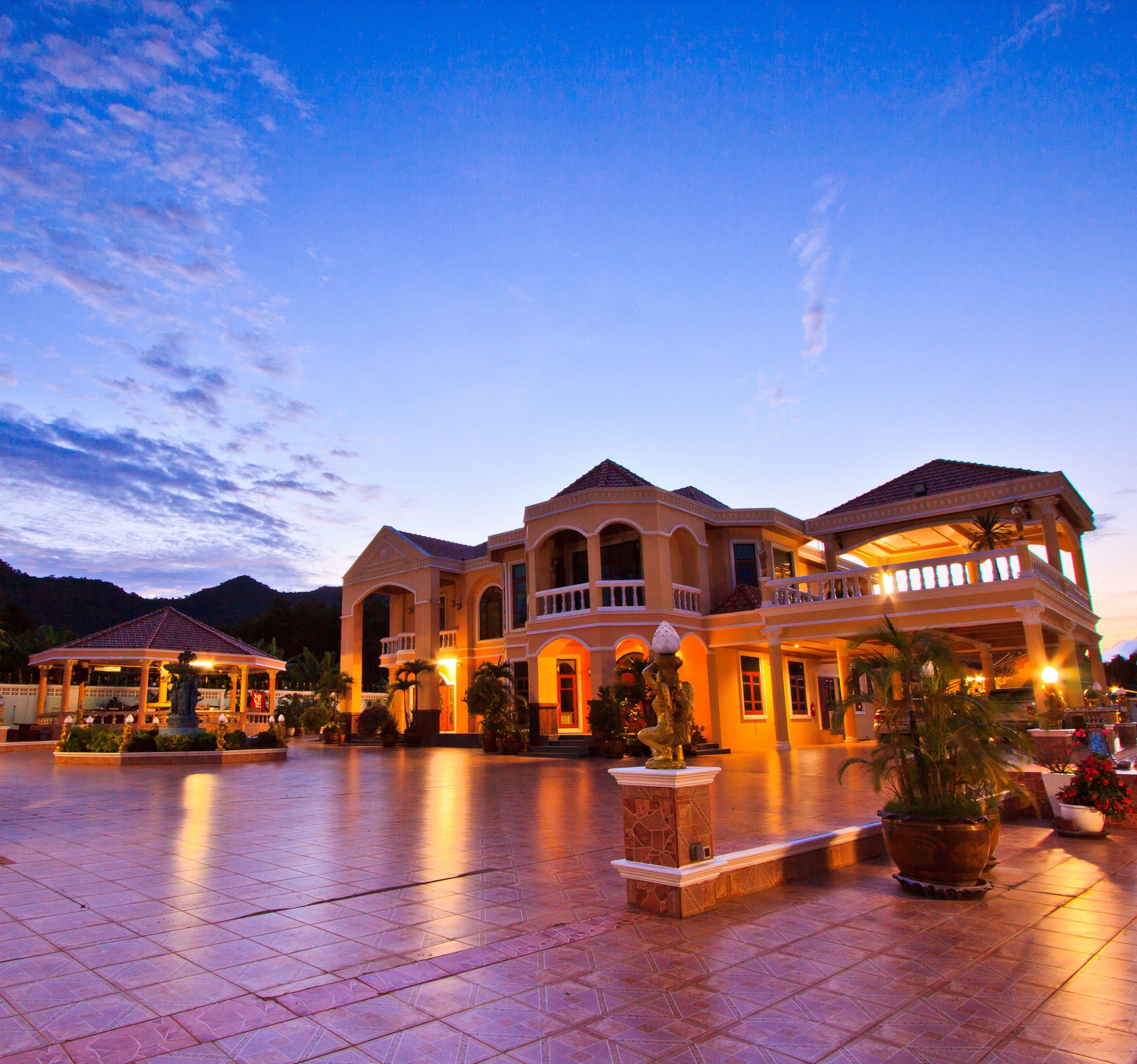 Resort at night and house